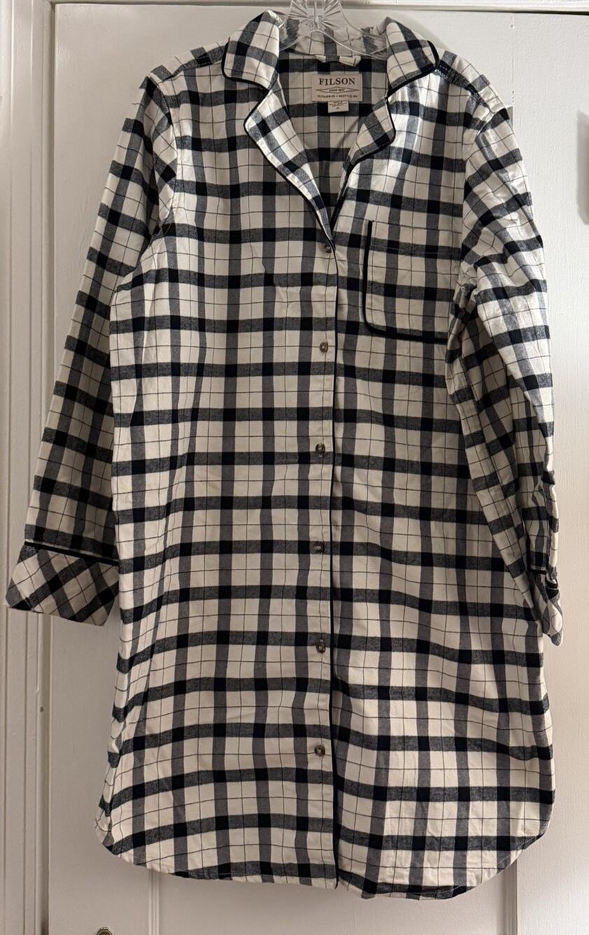 Filson Black Cream Plaid Flannel Button Up Pajama Shirt Dress Sz XL 100% Cotton